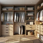 Garderoba narożna dąb naturalny z drążkami półkami i szufladami