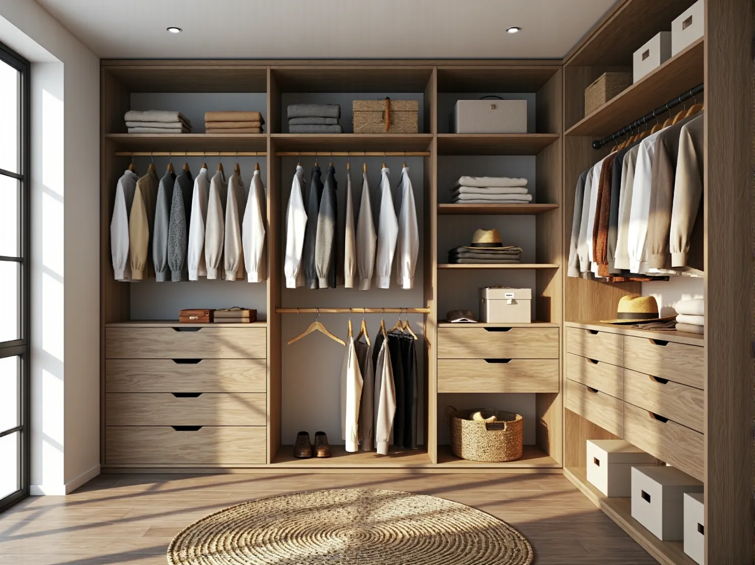 Garderoba narożna dąb naturalny z drążkami półkami i szufladami