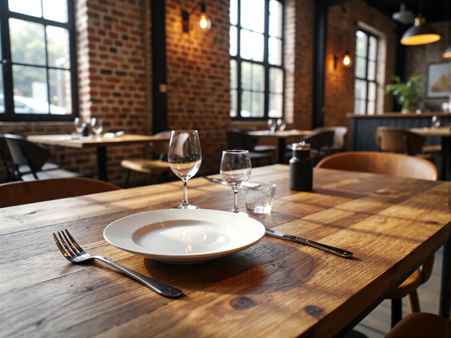 Spójne wnętrze restauracji, gdzie industrialne stoły komponują się z krzesłami i oświetleniem.