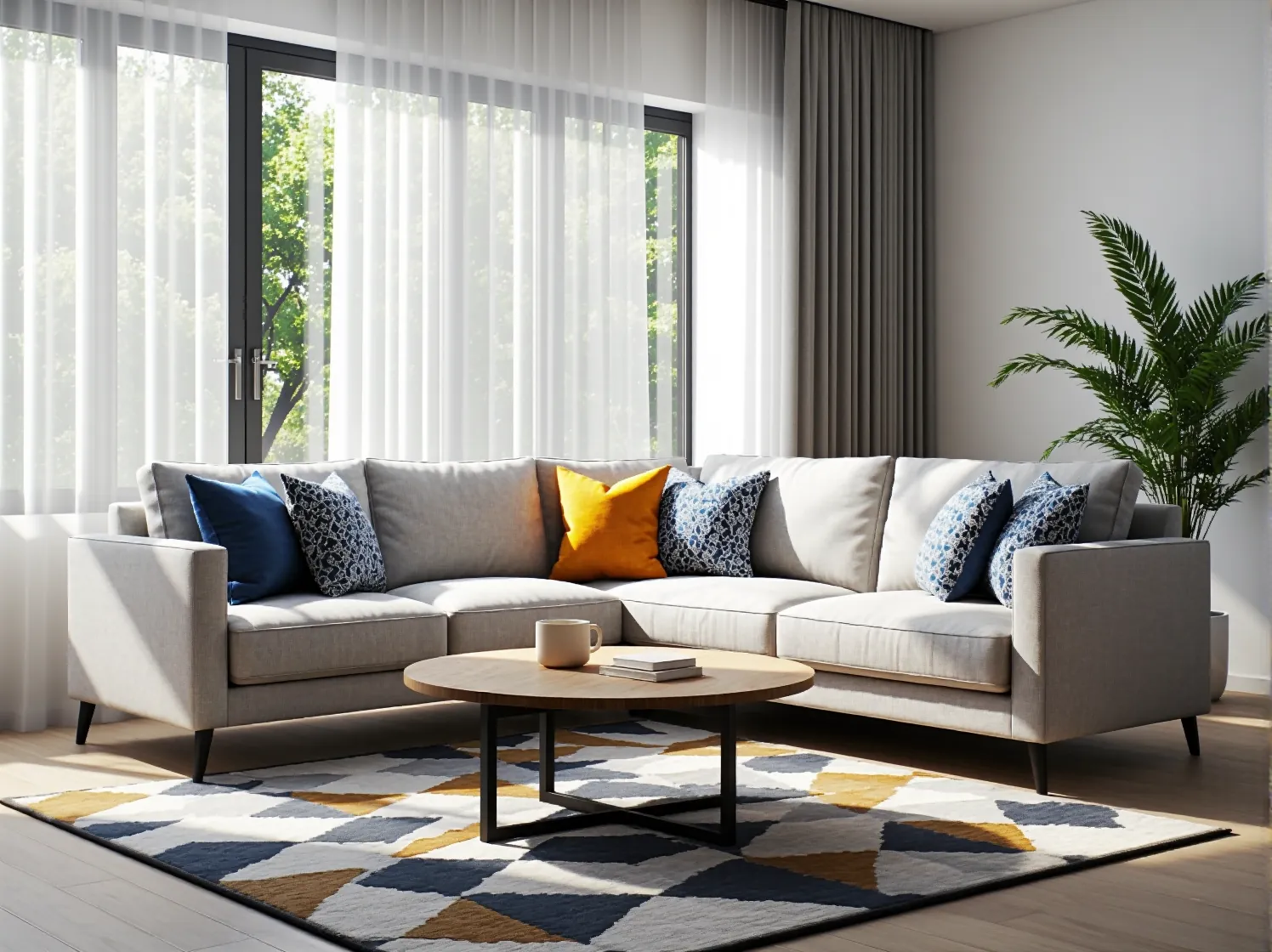 Narożna sofa szara z kolorowymi poduszkami dekoracyjnymi