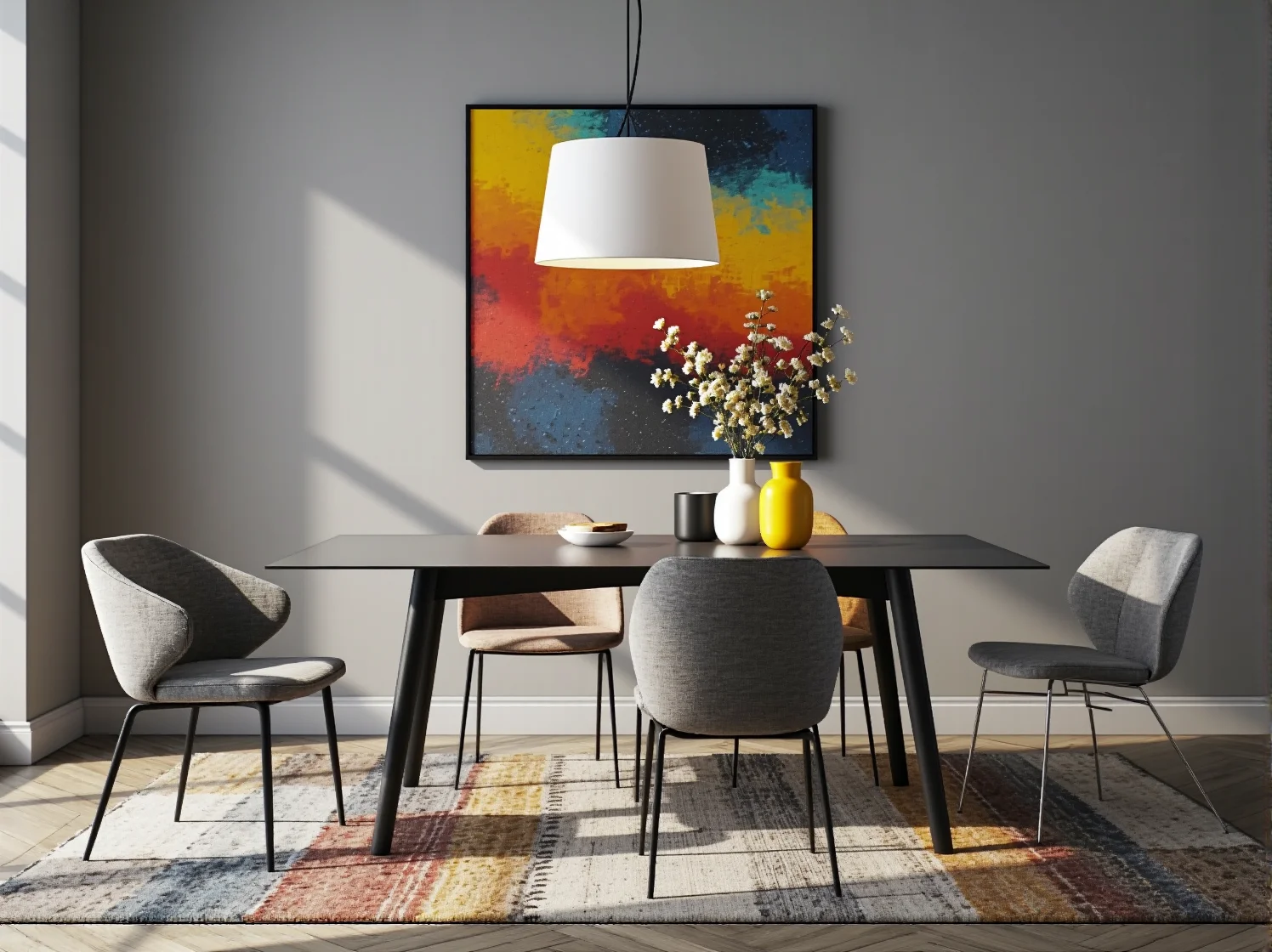 Różne tekstury i materiały w eklektycznym wnętrzu. Nowoczesny stół z krzesłami w stylu retro na tle ceglanej ściany.