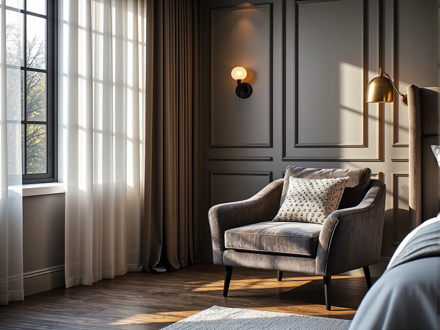 Połączenie stylów w sypialni: proste, drewniane meble japandi i welurowy fotel w stylu glamour z ozdobną poduszką.