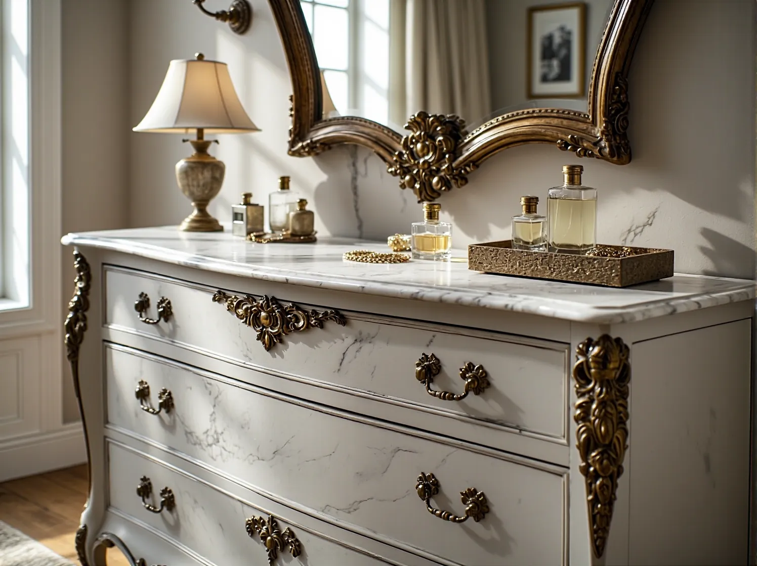 Charakterystyczne, smukłe nóżki i mosiężne uchwyty jako detal definiujący autentyczne meble vintage.