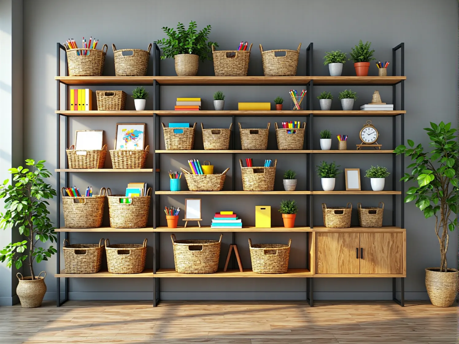 Funkcjonalne i ekologiczne meble w przestrzeni edukacyjnej – minimalistyczne biurko i regał.