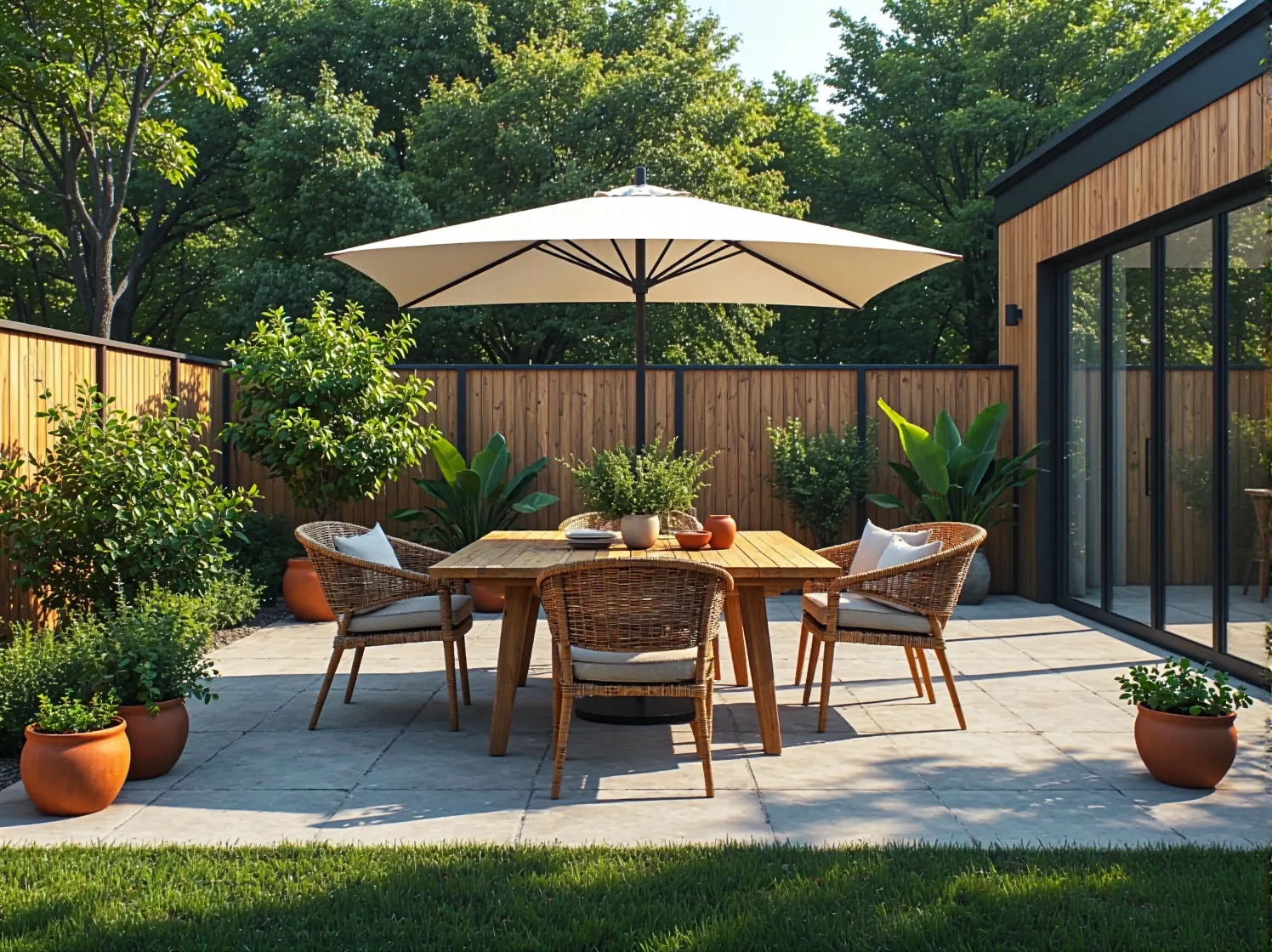 Zestaw mebli ogrodowych rattanowych z drewnianym stołem i parasolem