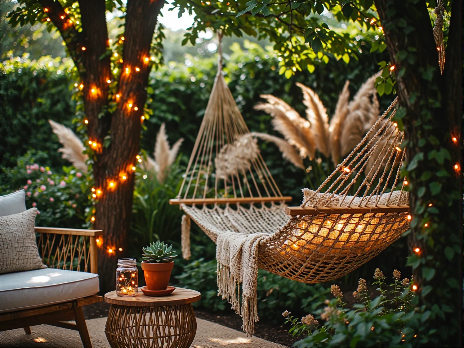 Delikatne lampy solarne w jasnych odcieniach na tarasie w stylu boho.