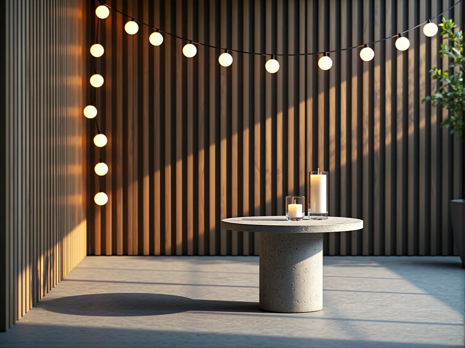 Przytulny kącik kawowy na minimalistycznym tarasie z dyskretnymi lampami LED.