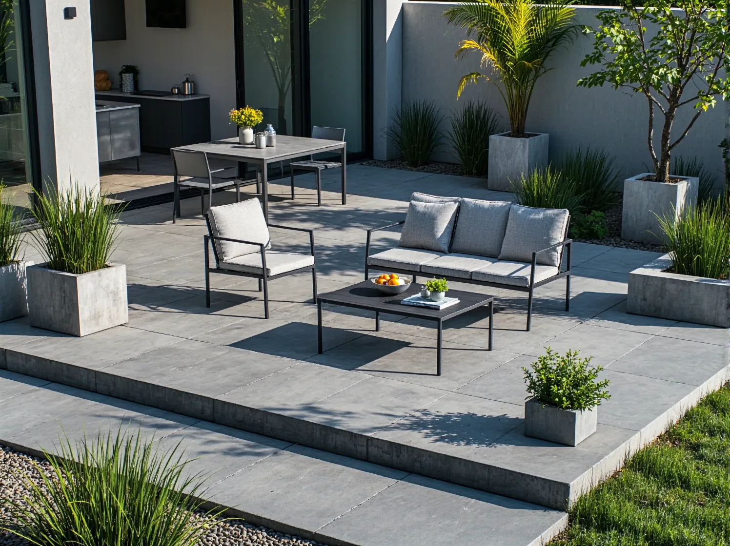 Ścieżka w ogrodzie wykonana z nieregularnych płyt z kamienia naturalnego, otoczona trawami ozdobnymi i zielenią.