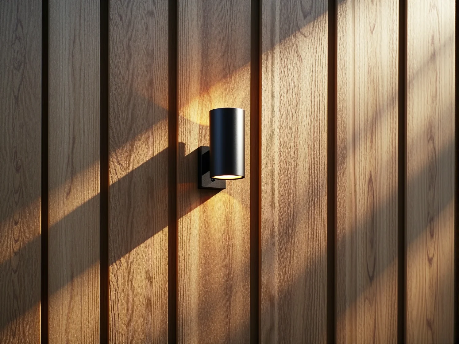 Czarny kinkiet zewnętrzny zamontowany na drewnianej ścianie budynku.