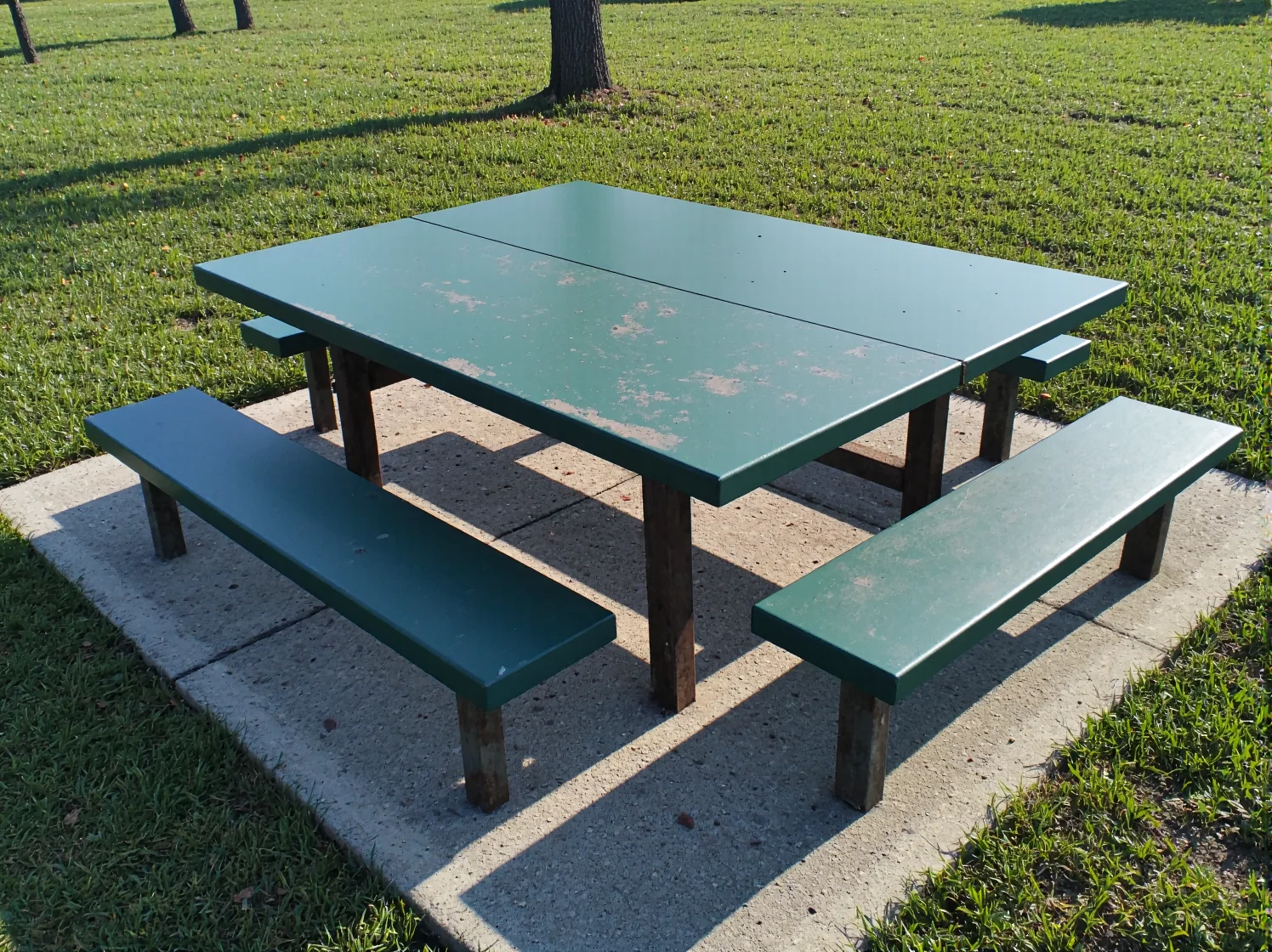 Rodzina przy klasycznym stole piknikowym z lat 70., przykład popularnego designu mebli ogrodowych.