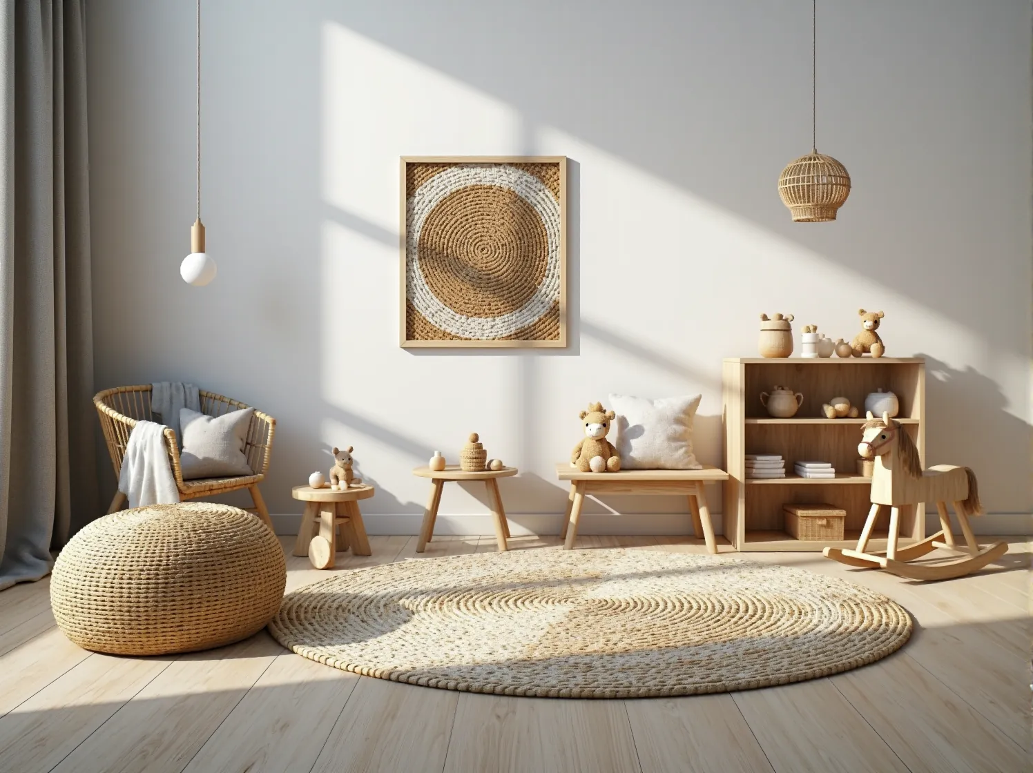 Jasna paleta kolorów w małym pokoju dziecka. Szare ściany, białe meble i pastelowe, skandynawskie dodatki.