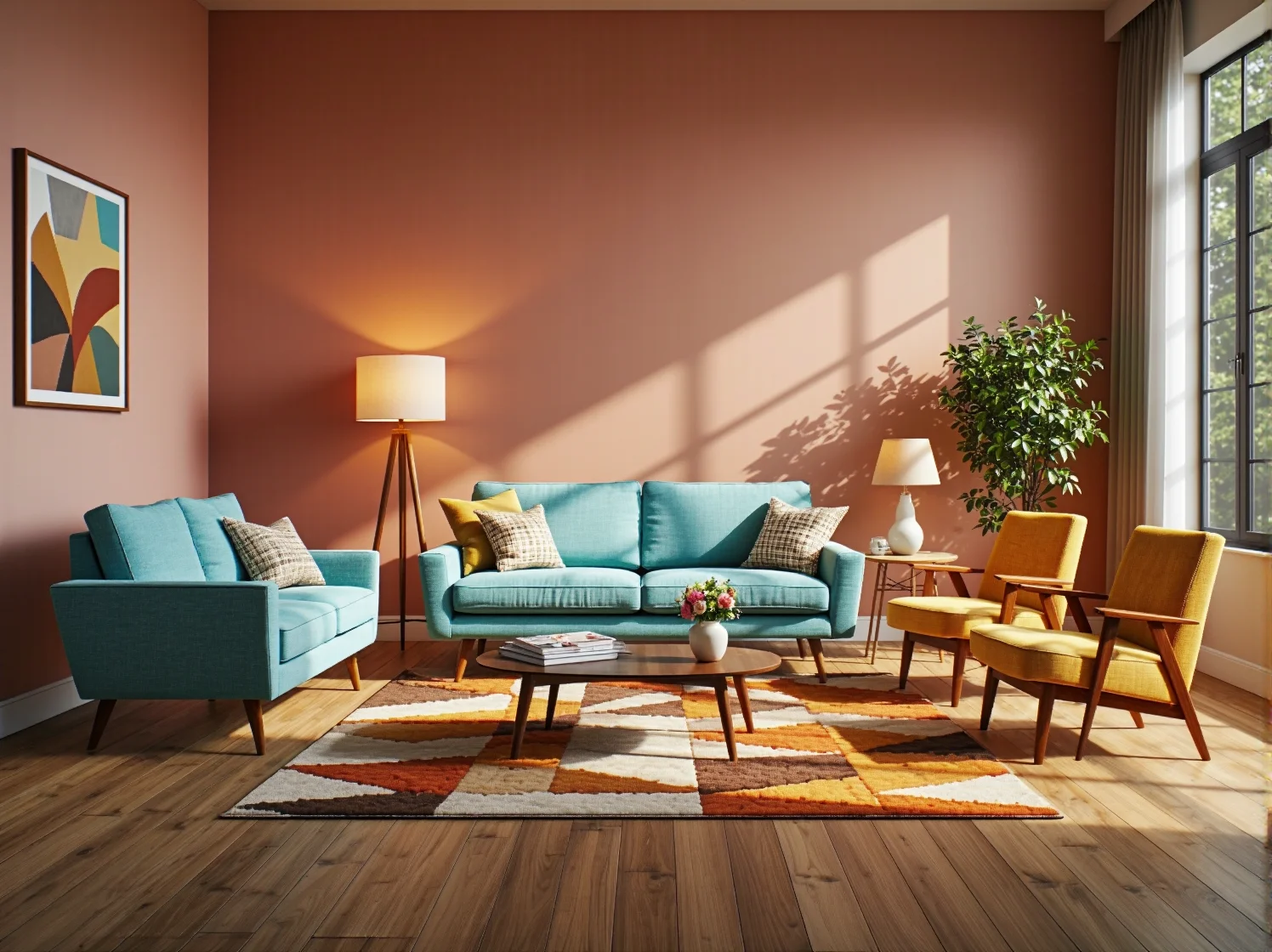 Turkusowa sofa retro z drewnianymi nóżkami i musztardowe fotele