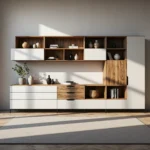 Modulowa meblościanka biało-dębowa z otwartymi półkami i szufladami