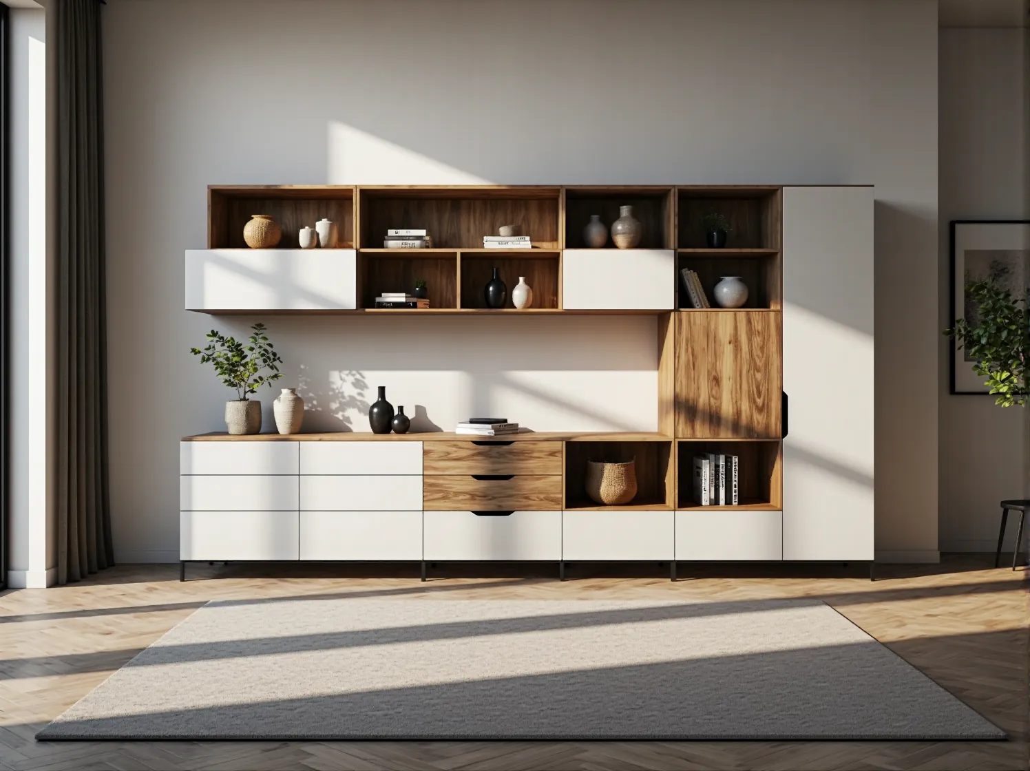 Modulowa meblościanka biało-dębowa z otwartymi półkami i szufladami