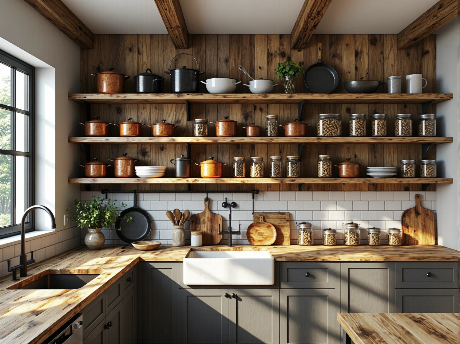 Komoda z odzysku w rogu pokoju, harmonijnie dopasowana do rustykalnych dekoracji i tekstyliów.