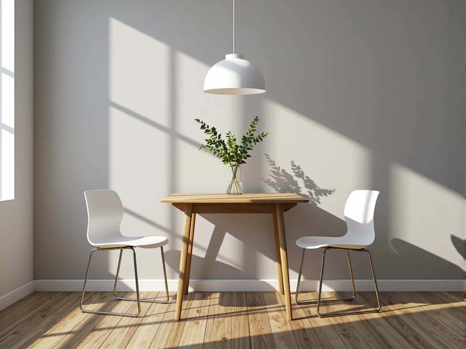Białe krzesła z chromowanymi płozami przy drewnianym stole
