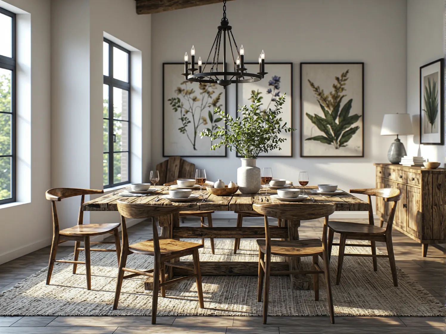 Jadalnia rustykalna, gdzie krzesła z recyklingu o różnym pochodzeniu otaczają drewniany stół.