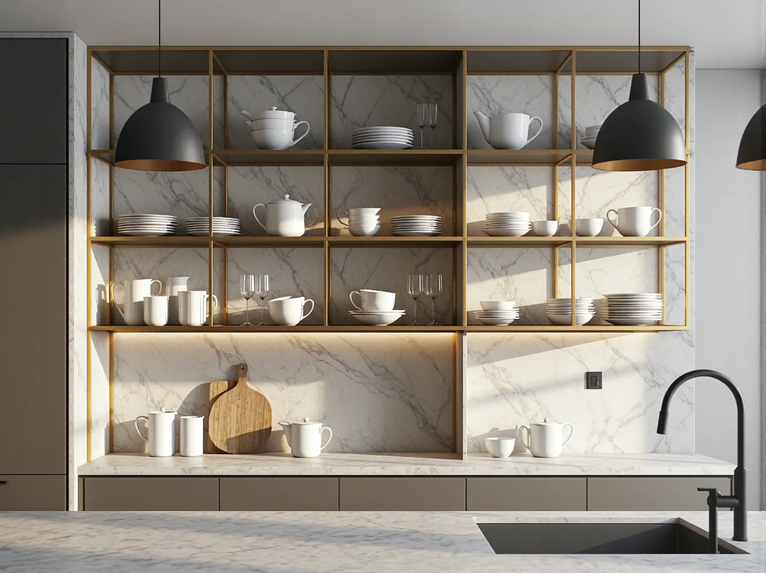 Kuchnia w stylu glamour z marmurowym wykończeniem i złotymi lampami wiszącymi.