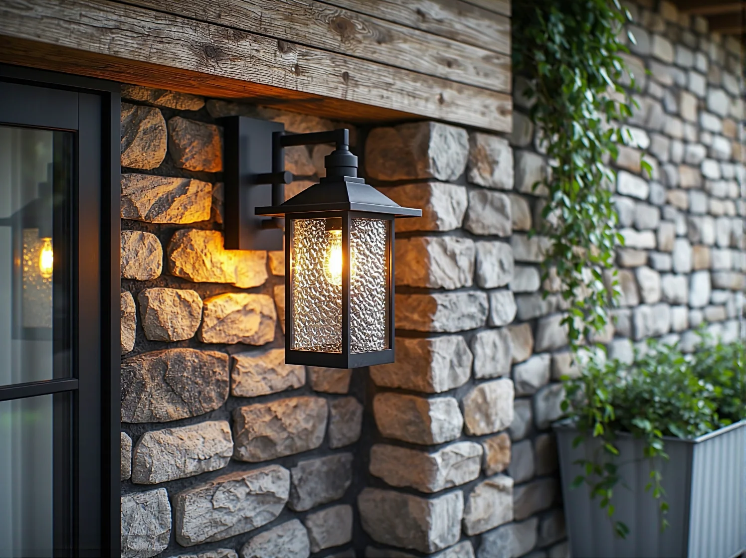 Zbliżenie na czarną, kutą lampę ścienną w stylu rustykalnym, zamontowaną na kamiennej elewacji domu.