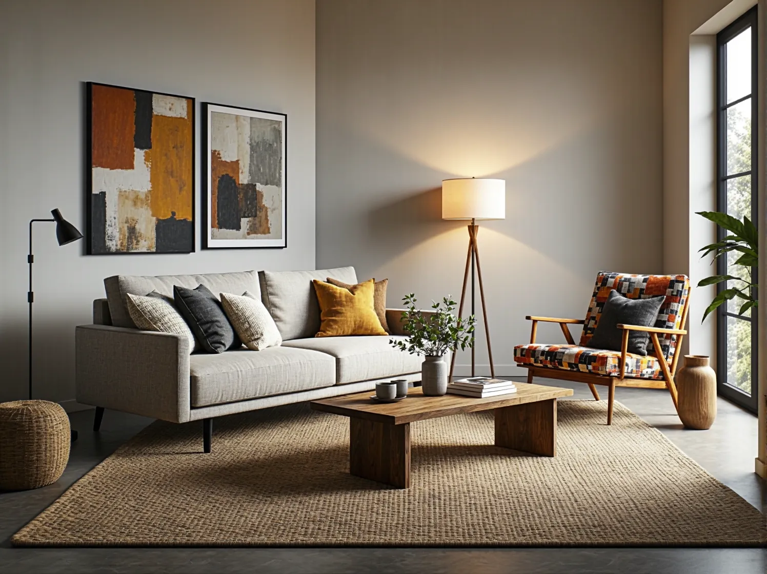 Szara sofa tapicerowana z kolorowymi poduszkami dekoracyjnymi