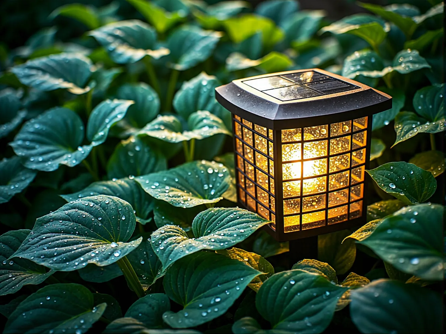 Lampa solarna punktowa oświetlająca roślinę w cieniu. Efektywne rozwiązanie do ogrodu z dużą ilością zieleni.