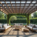 Zestaw mebli ogrodowych drewnianych z szarymi poduchami pod pergolą