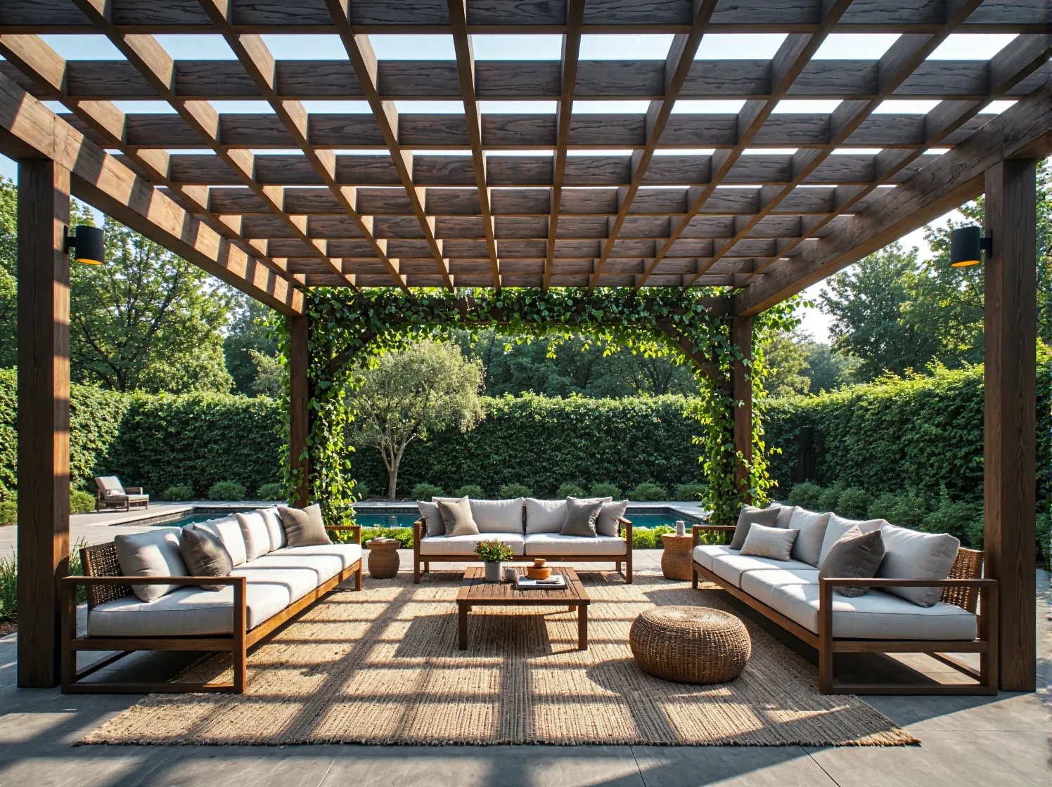 Zestaw mebli ogrodowych drewnianych z szarymi poduchami pod pergolą