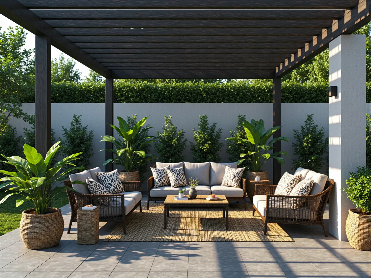 Stojące lampiony solarne rozmieszczone przy pergoli jako ekologiczne i nastrojowe oświetlenie ścieżki ogrodowej.