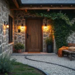 Rustykalne lampy elewacyjne czarne z ciepłym światłem przy wejściu