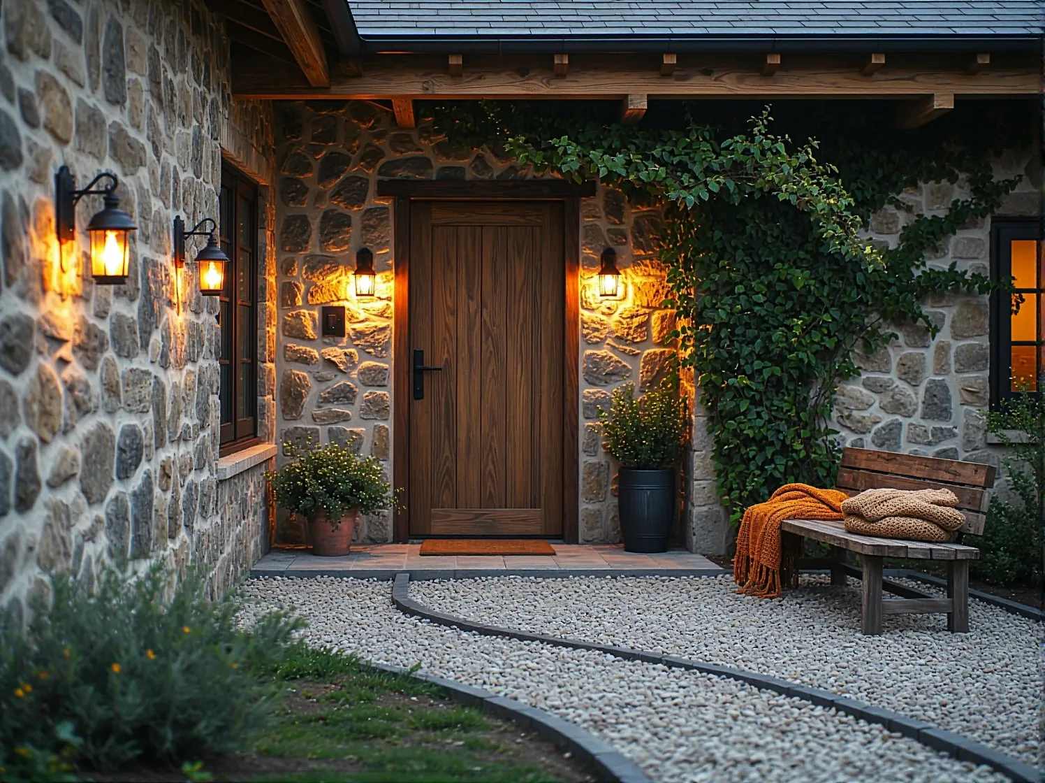 Rustykalne lampy elewacyjne czarne z ciepłym światłem przy wejściu
