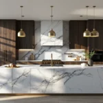 Mosiężne lampy wiszące kopułowe nad wyspą kuchenną