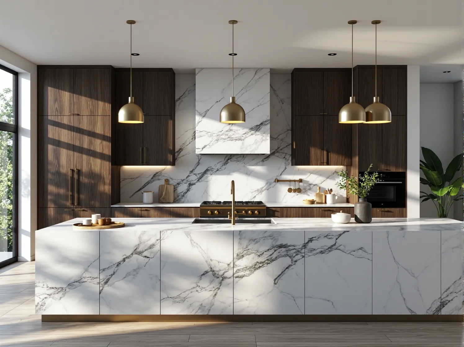 Mosiężne lampy wiszące kopułowe nad wyspą kuchenną