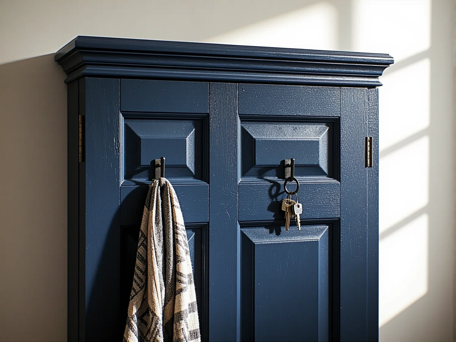 Kreatywne wykorzystanie szafek kuchennych jako praktyczna ławka do przedpokoju.