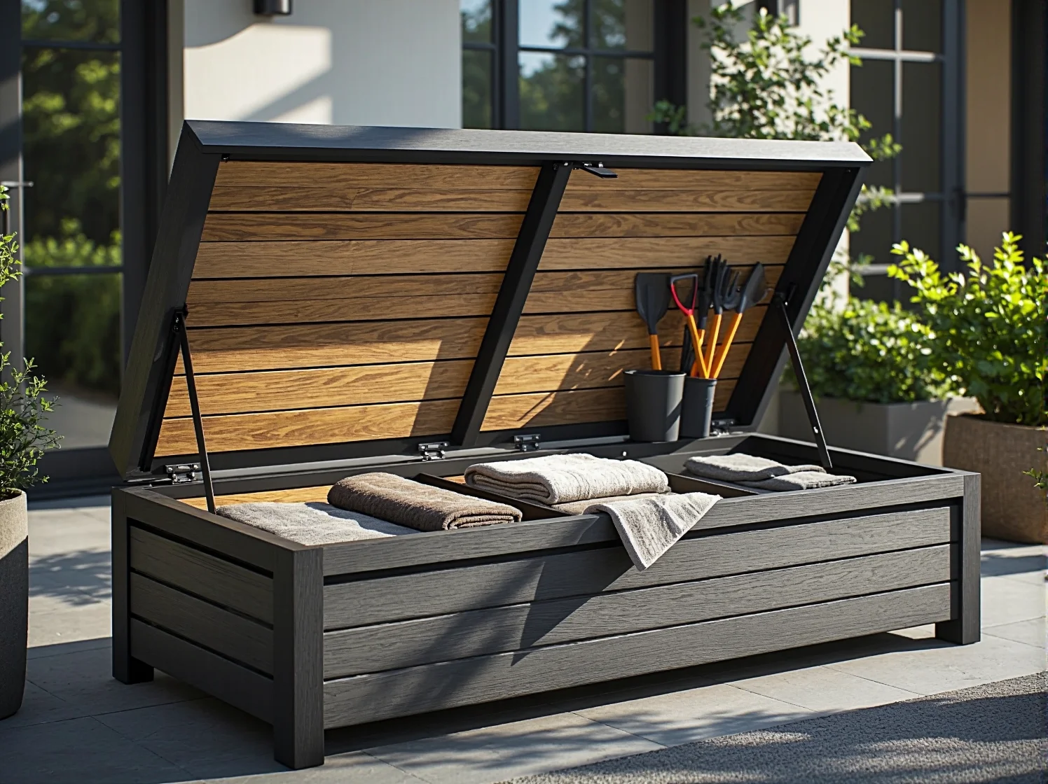 Otwarty schowek w ławce ogrodowej, pokazujący dużą pojemność na akcesoria i zabawki.