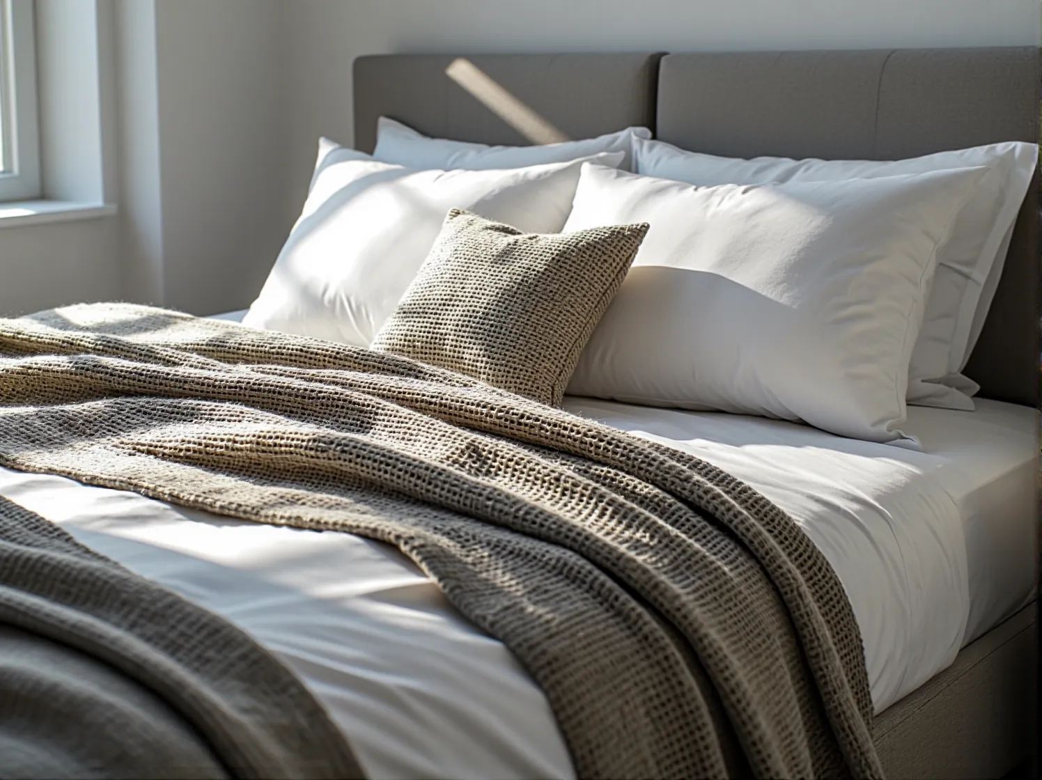 Lniana pościel w neutralnym kolorze na łóżku, dodająca wnętrzu naturalnej lekkości i stylu.