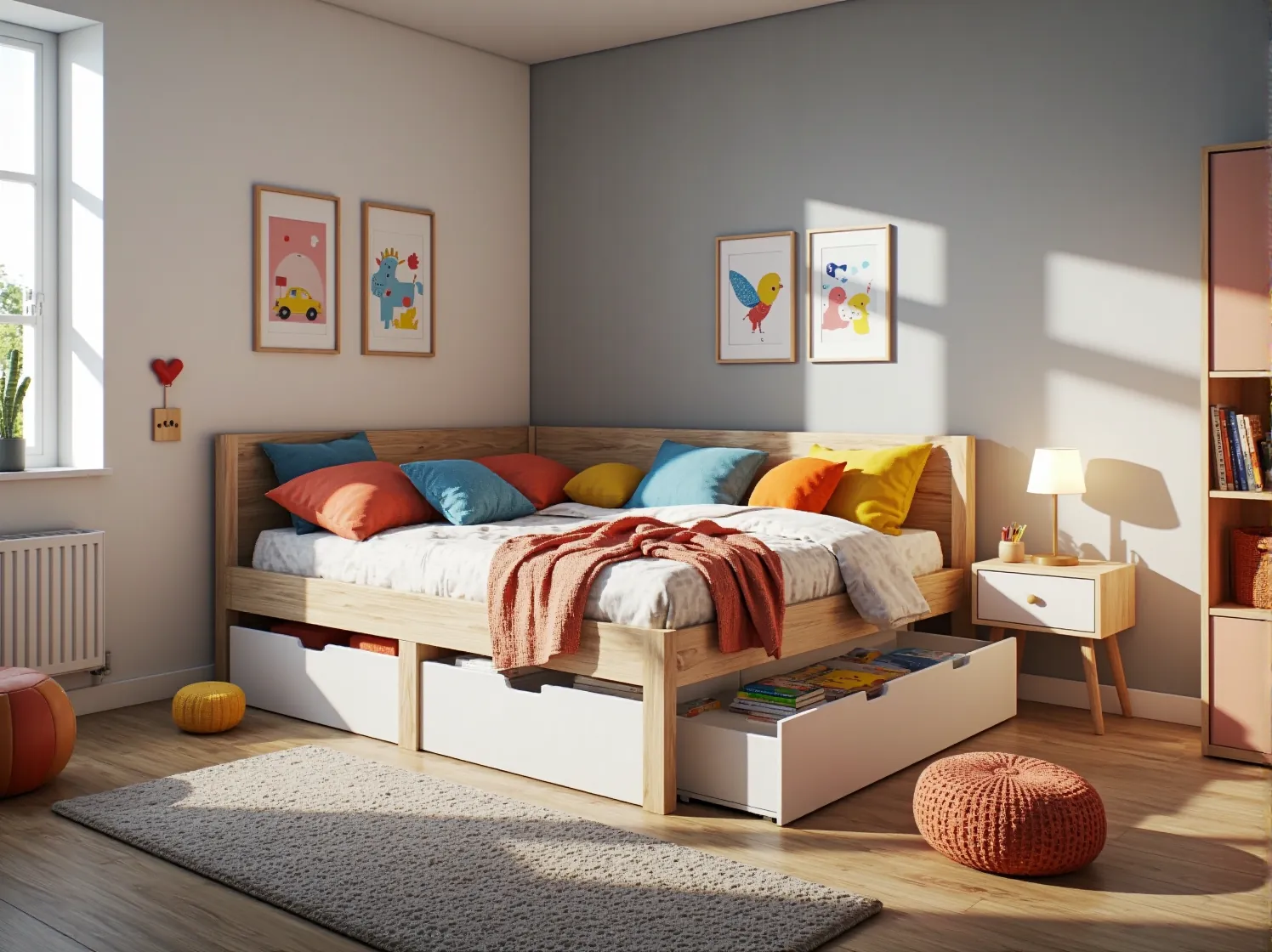 Łóżko dziecięce dąb craft z białymi szufladami na zabawki