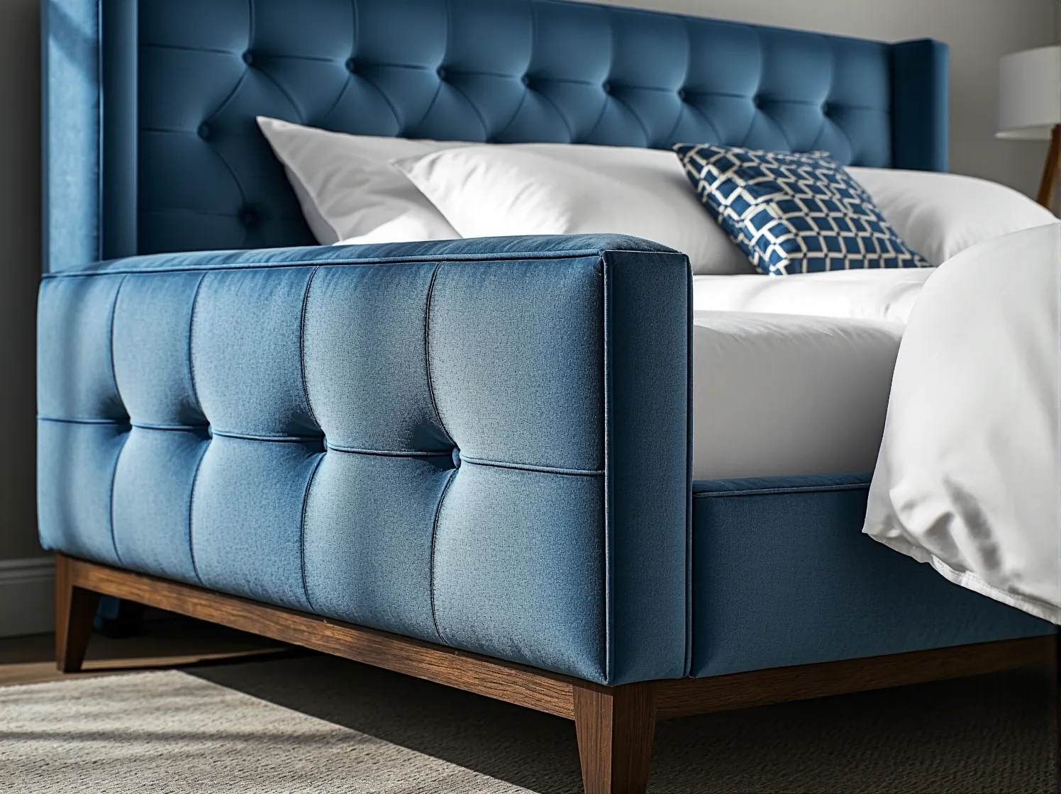 Szare łóżko tapicerowane z praktycznym pojemnikiem na pościel, idealne do małej sypialni.