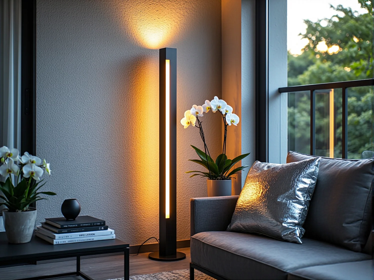 Wieczorna aranżacja balkonu glamour z wygodnym fotelem i nastrojowym światłem srebrnych lamp LED.