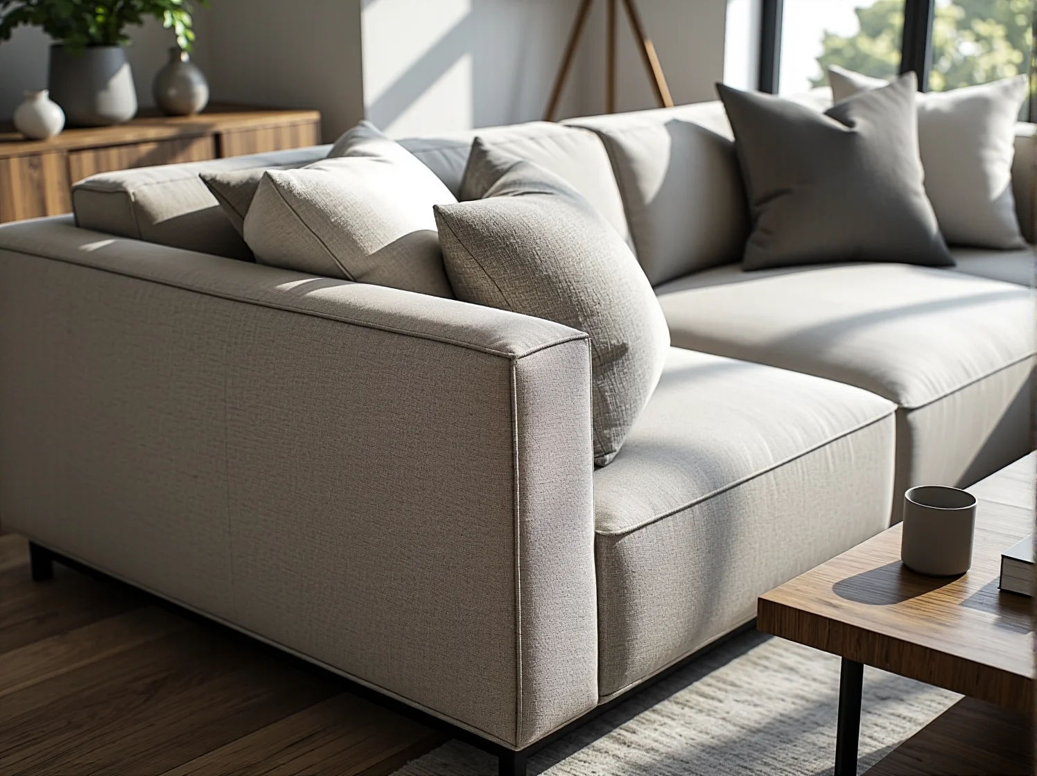 Funkcjonalny mały narożnik z funkcją spania dopasowany do niewielkiego, nowoczesnego salonu.