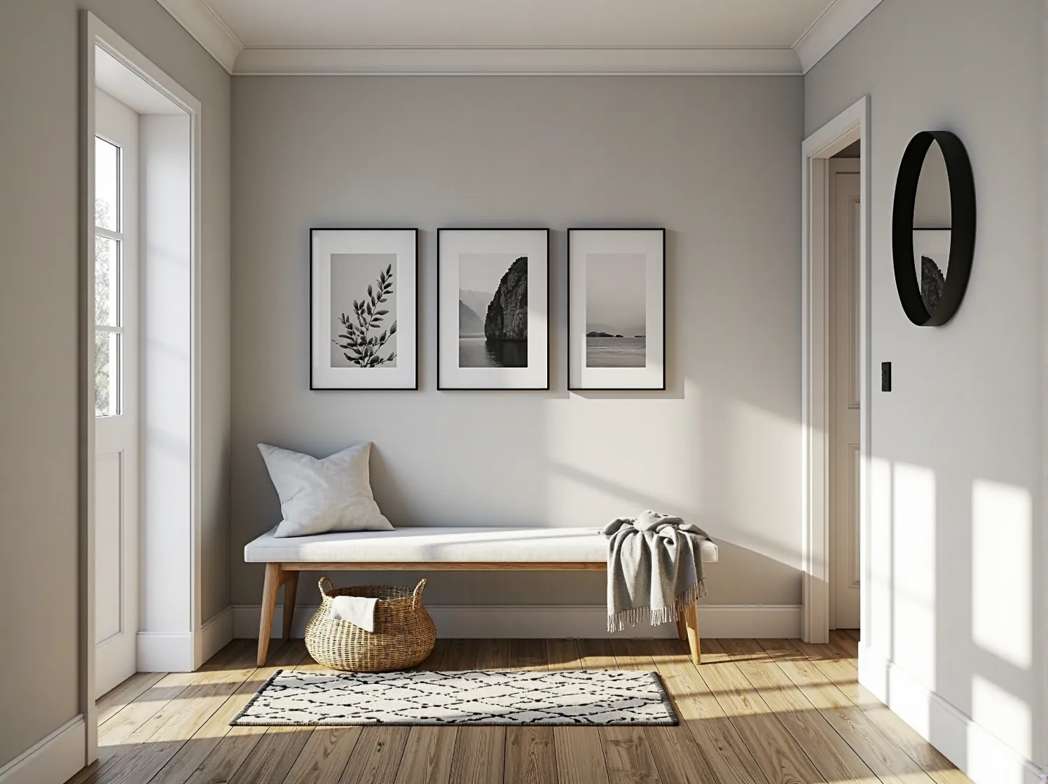 Ławka tapicerowana biała na drewnianych nogach w stylu skandynawskim