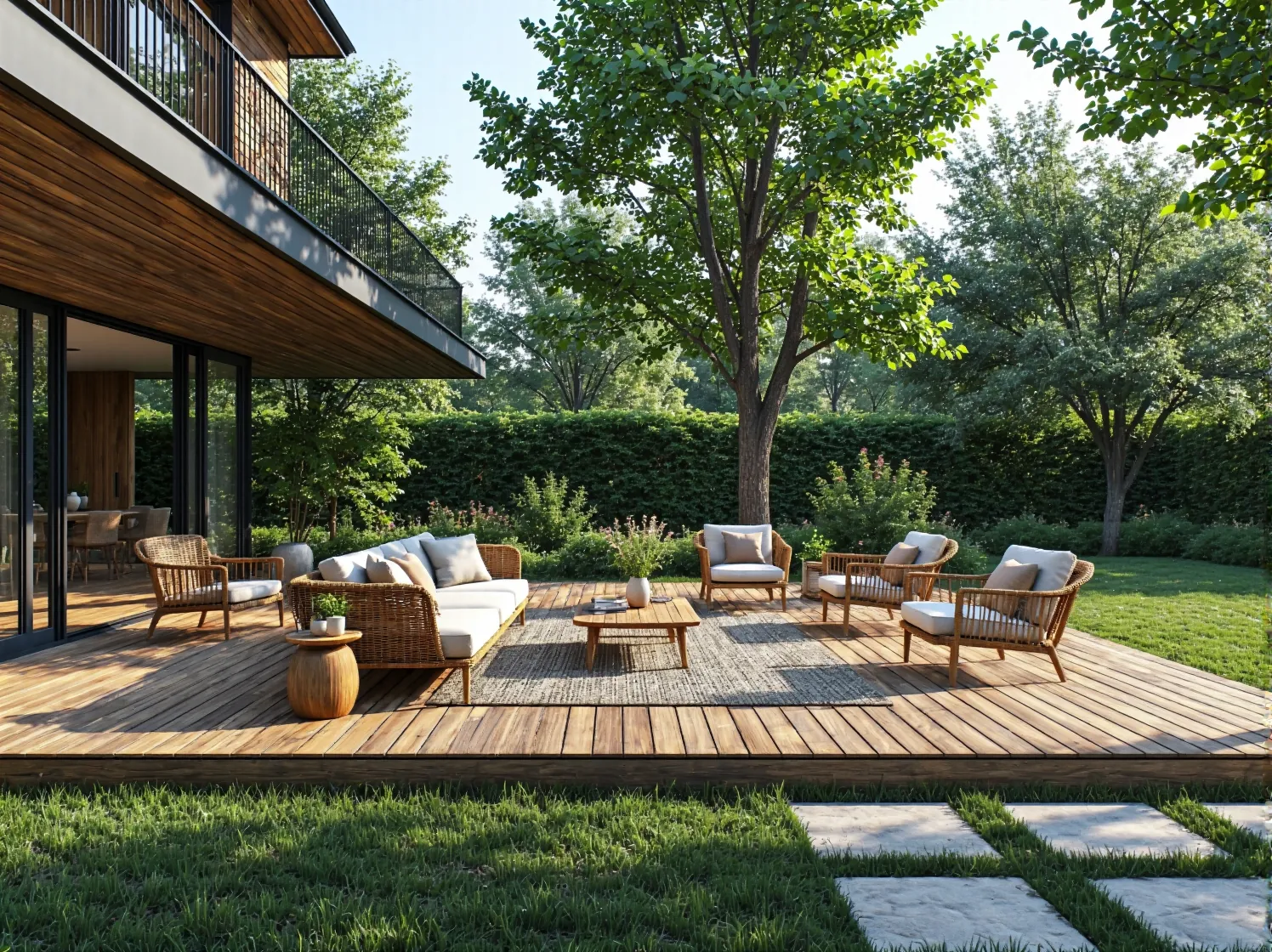 Zestaw mebli ogrodowych rattanowych z kremowymi poduszkami na tarasie