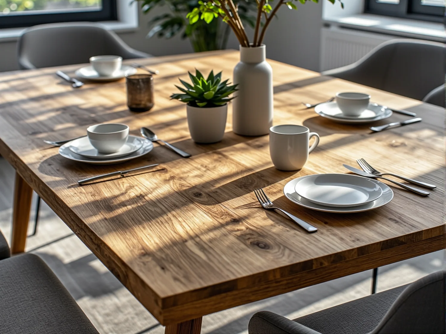 Zbliżenie na stół z certyfikowanego drewna. Trwałe i stylowe, ekologiczne meble do coworkingu na zewnątrz.