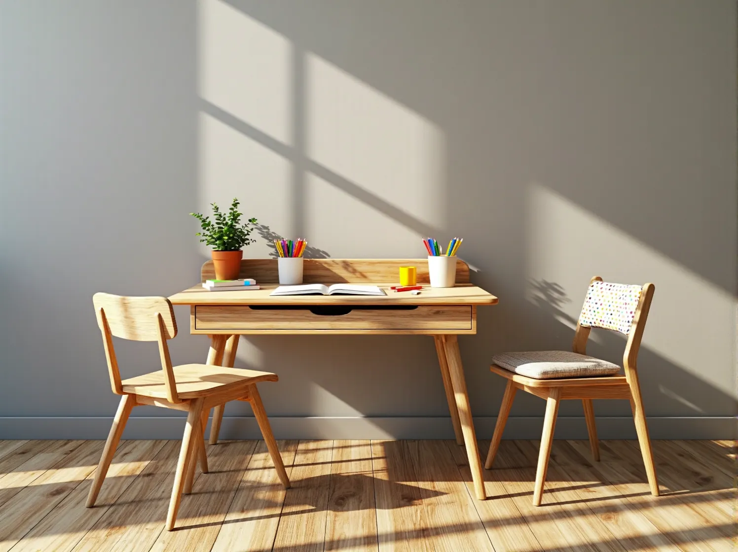 Ekologiczne meble do nauki z naturalnego drewna w przytulnym kąciku do czytania dla dziecka.