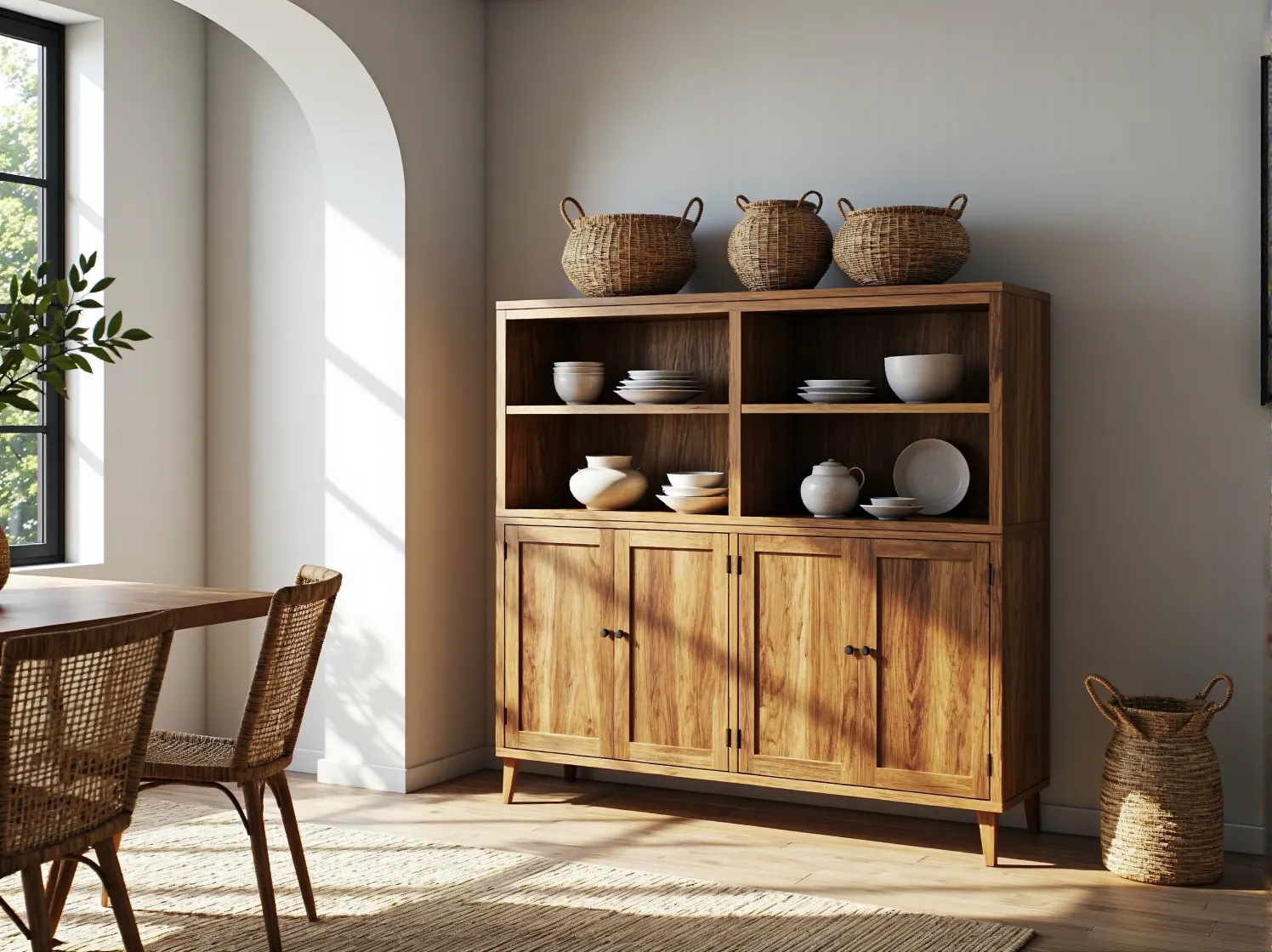 Aranżacja jadalni z użyciem mebli z drewna mango. Inspiracja na jasne, egzotyczne wnętrze.