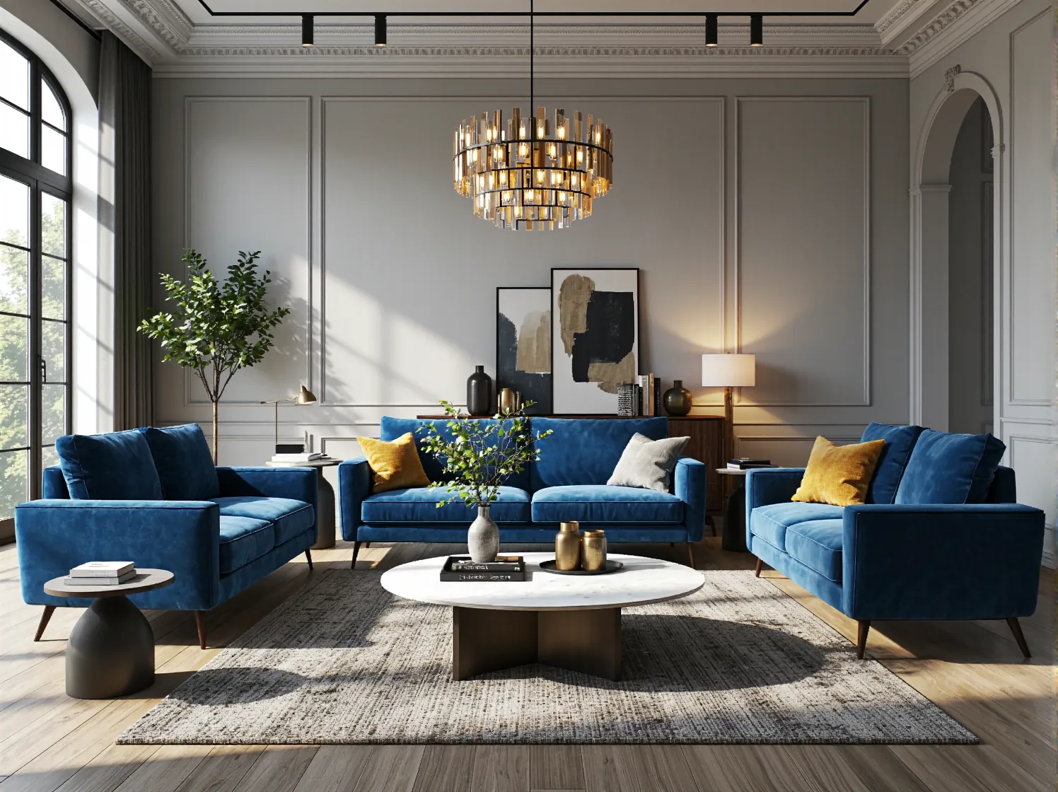 Komplet wypoczynkowy niebieski welurowy z fotelem i sofami