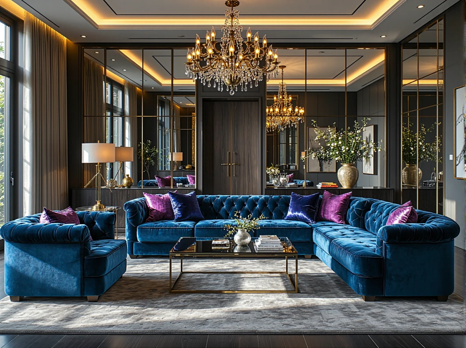 Luksusowa sofa narożna granatowa welurowa w stylu Chesterfield