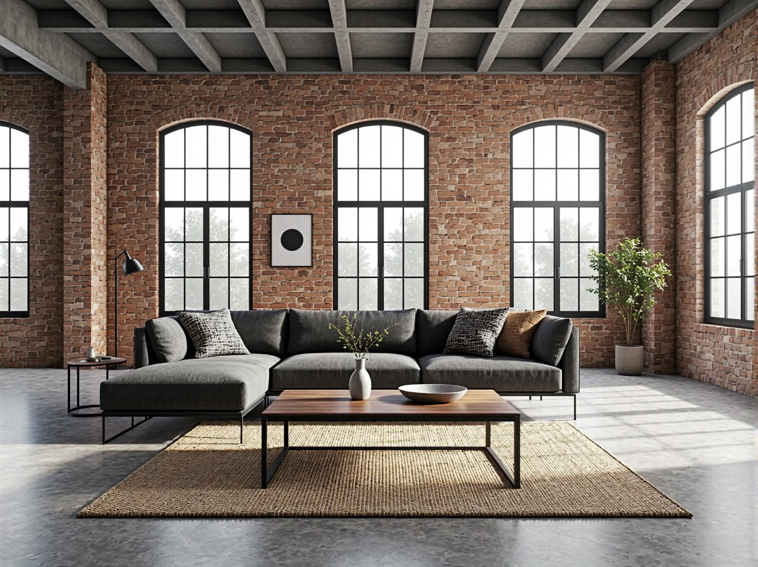 Narożna sofa grafitowa w stylu loftowym z poduszkami