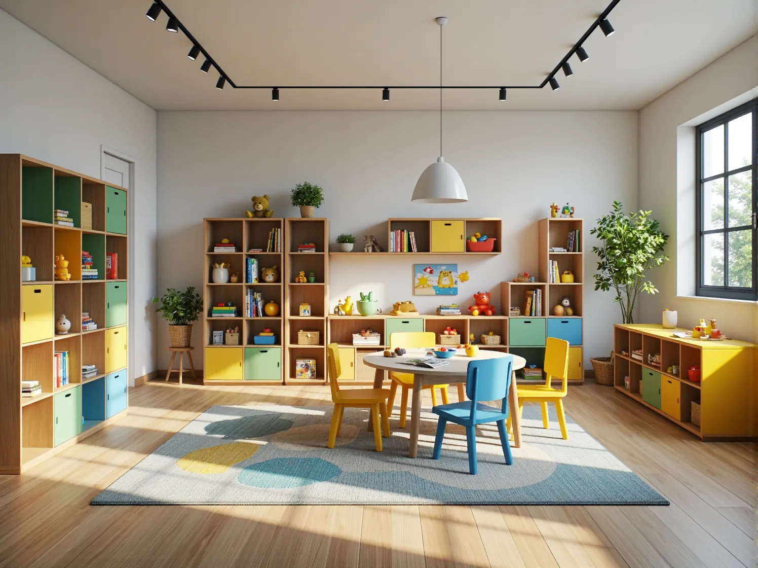 Regały Montessori z kolorowymi pojemnikami i stolik z krzesełkami dla dzieci