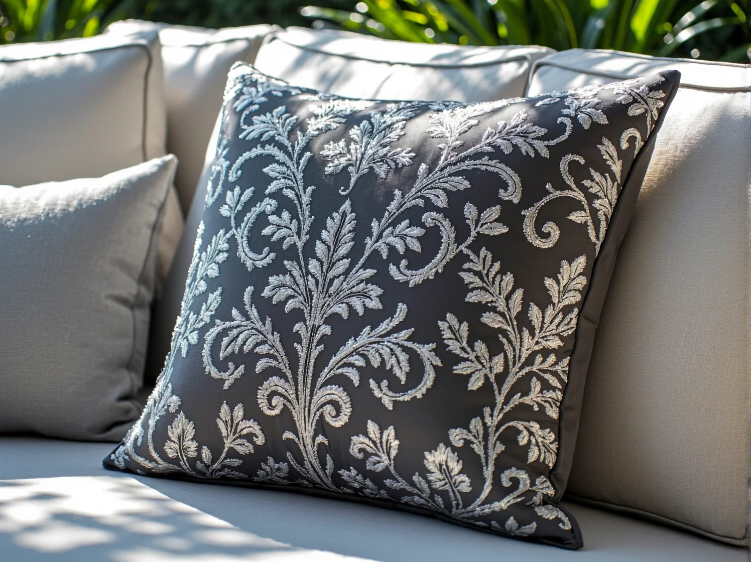 Eleganckie meble ogrodowe glamour – sofa z miękkimi poduszkami idealna do strefy relaksu w ogrodzie.