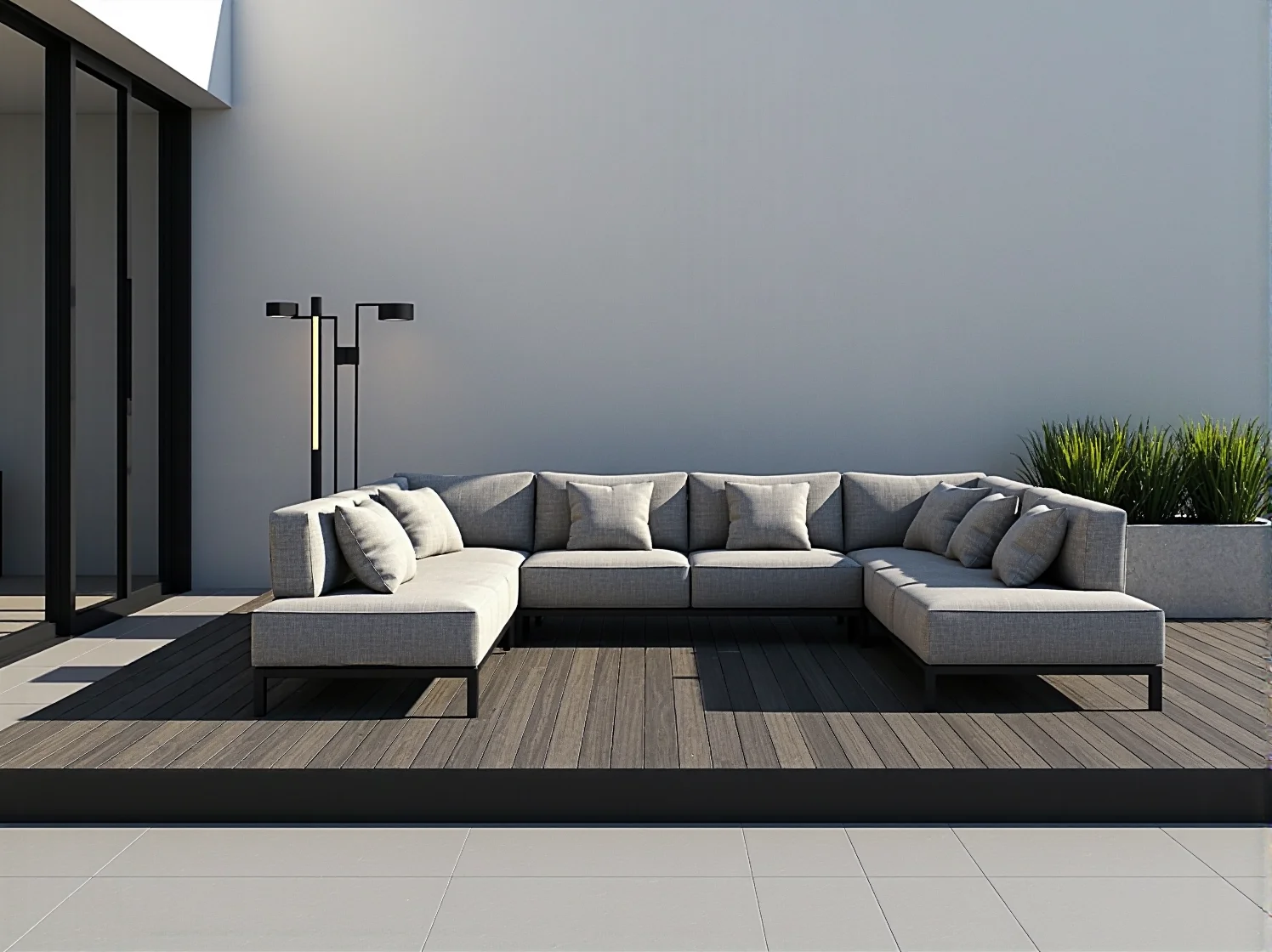 Minimalistyczne meble ogrodowe podświetlone taśmami LED na nowoczesnym tarasie.